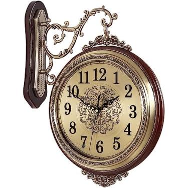 Imagem de CUTPOIY Relógio de parede, relógio de parede clássico europeu de 40,6 cm, design antigo, liga de madeira de quartzo, ultra mudo, relógio de dois lados para sala de estar, decoração de parede (café)