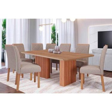 Imagem de Conjunto: Mesa Sala Jantar Ester Tampo Madeirado 210x100cm E 8 Cadeiras Fernanda Cinamomo - Carvalho-linho Bege - Cimol