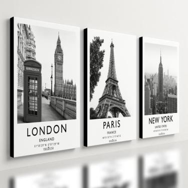 Imagem de Kit 3 Quadro Decorativo Londres Paris New York Quarto Sala 40x28cm - T
