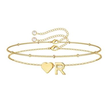 Imagem de M MOOHAM Pulseiras femininas de ouro com inicial de coração – Pulseiras femininas delicadas em camadas com pingente de coração e letra A-Z com elos de corrente, pulseiras com contas, presentes de