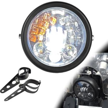 Imagem de SINLIRU Farol de motocicleta de LED preto 14,6 cm, 14,6 cm, halo branco fumado, DRL, com concha preta fosca, suportes de montagem lateral de tubo de garfo de 32 a 40 mm compatíveis com motocicletas