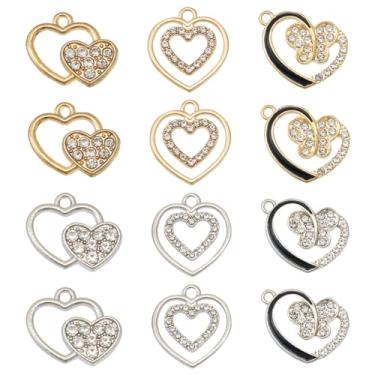 Imagem de 24 pingentes de strass de liga de coração de cristal com moldura de metal para fazer joias faça você mesmo, colar, pulseira, brinco, chaveiro, enfeite de pendurar