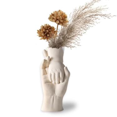 Imagem de Vaso de escultura Mão a mão em resina cerâmica 11,8x26,5 cm 650g