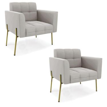 Imagem de Poltrona Pé De Ferro Dourado Para Sala Kit 2 Elisa Veludo D03 - D'rossi Cor Cinza