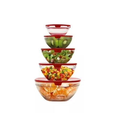 Imagem de Kit 5 Potes De Vidro Redondos Com Tampa Plástica Conjunto De Tigelas Vidro Com Tampa