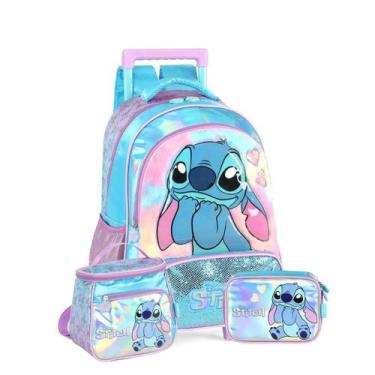 Imagem de Mochila Rodas Stitch Disney Lancheira Estojo Box Holográfico - Luxcel