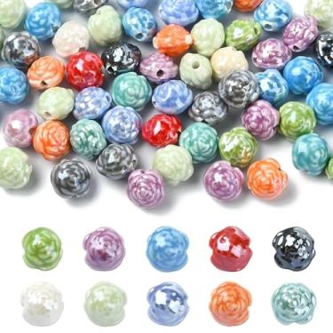 Imagem de UR URLIFEHALL 60 contas aleatórias de porcelana de flor rosa feitas à mão 3D floral contas espaçadoras de cerâmica para pulseira faça você mesmo, colar, brincos, fabricação de joias