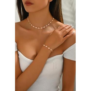 Imagem de Conjunto de colar e pulseira de cristal de coração para mulheres, gargantilha de coração rosa dourada delicada, presente de joias fofas em camadas para namorada, conjunto de corrente ajustável