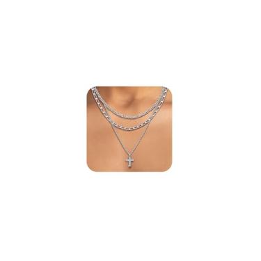 Imagem de SUFOPE Conjunto de colares femininos com cruz de ouro em camadas, empilháveis, volumosos, banhados a ouro 14 K, com pingente de zircônia cúbica, gargantilha delicada, joias religiosas, presentes