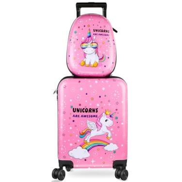 Imagem de Weewooday Mala infantil e mochila de 45,7 cm com roda giratória, capa rígida para viagem, mochila de 33 cm, conjunto de mala para meninas, suprimentos de viagem para crianças, rosa, 18 x 11.5 x 8