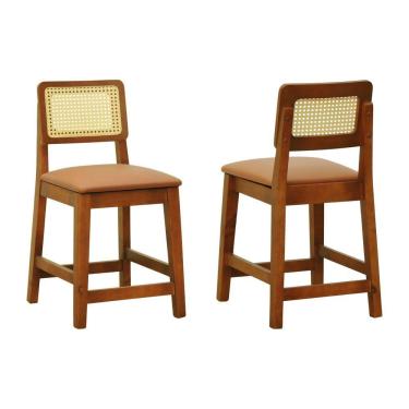 Imagem de Kit 2 Banquetas Baixa-cadeira Gabi Madeira Maciça Encosto Telinha - Amêndoa Assento Estofado Corano Caramelo