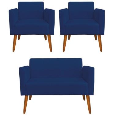 Imagem de Namoradeira E 2 Poltronas Pés Palito Madeira Azul Marinho