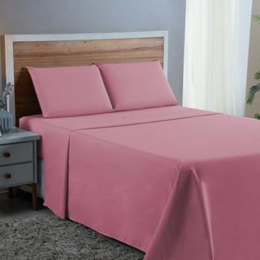 Imagem de Jogo de Cama Queen Size 300 Fios 100% Algodão 04 Peças Cama Box 30cm Altura Tecido Macio Qualidade (ROSÊ)