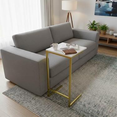 Imagem de Mesa Mesinha Zafira Lateral para Sofá Notebook Home Office Moderno (Pérola/Dourado)