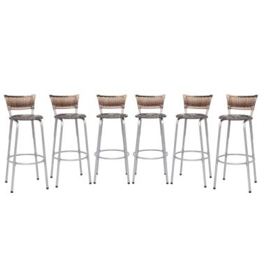 Imagem de Banqueta Altas Junco Cappuccino Estrutura Prata 70cm Para Balcão Cozinha, Bar, Bistrô, Americano Kit 05 Unidades - Itagold (Floral Marrom)