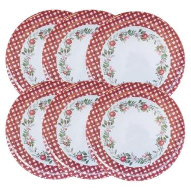 Imagem de Jogo 6 Pratos De Jantar Natalino Melamina Folhagens, Azevinhos E Romã Borda Xadrez Bordô Fosco 27,5cm