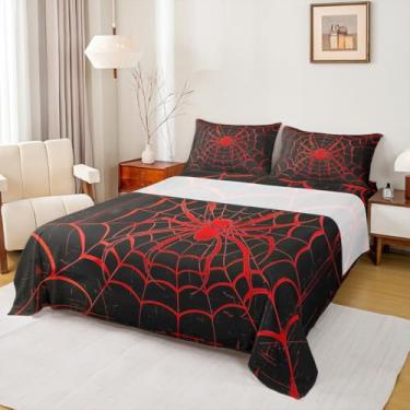 Imagem de Jogo de lençol solteiro, estampa de teia de aranha, aracnídeo vermelho, tema gótico de Halloween, preto, 3 peças com bolso profundo + 1 fronha, decoração de quarto infantil de meninos e meninas
