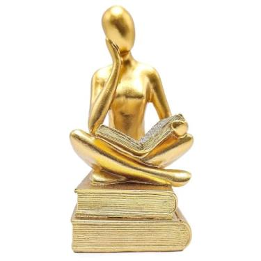Imagem de EstáTua Figura Pensador Decoração Sala Objetos Estudando Enfeite Estatueta Reflexão Mesa EscritóRio Decoração Luxo(Livro Colo Dourado)
