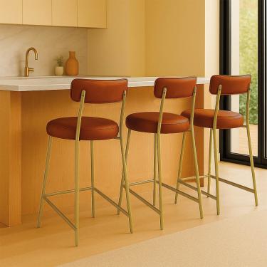 Imagem de Banqueta Cozinha Média com Encosto Industrial Dourado Kit 3 Londres PU Nozes D03 - D'Rossi