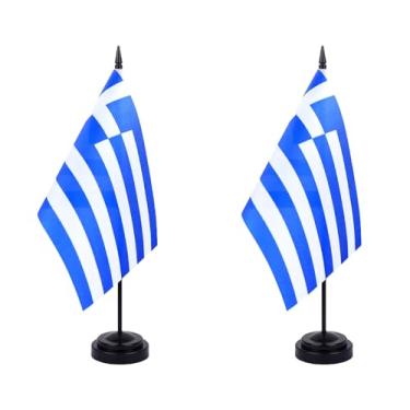 Imagem de JBSJBS Bandeira de mesa da Grécia 30,5 cm, conjunto de luxo, bandeiras gregas, mini bandeiras de mesa de escritório da Grécia com base preta para decoração de mesa (pacote com 2)