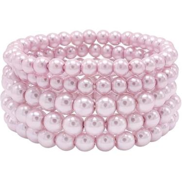 Imagem de NKTDWO Conjunto de 5 pulseiras de pérolas douradas para mulheres – Pulseiras elásticas de ouro, joias de casamento para dama de honra, Adjustable, Resina, Sem Pedra Preciosa