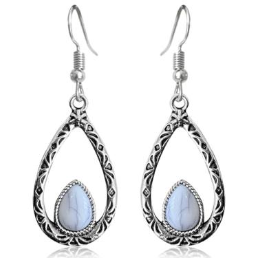 Imagem de unixmoment Brincos femininos boêmios vintage prateados com pingente de gota e gota turquesa feitos à mão com geometria oca, Large, Metal, Sem pedra preciosa