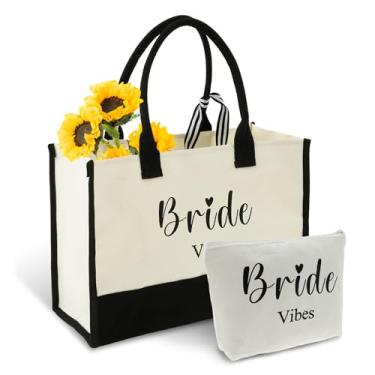 Imagem de ZJRDYYK Bolsa de lona para noiva com bolsa de maquiagem, bolsa de noiva para dia de casamento, presentes de casamento para chá de panela, festa de despedida de solteira, noivado, lua de mel