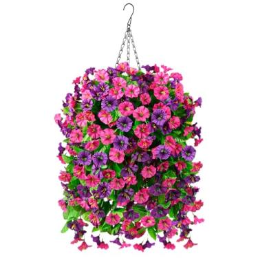Imagem de INQCMY Cesta de plantas artificiais para pendurar flores artificiais para decoração externa de primavera, trepadeiras longas de seda falsa, resistente a UV, realista, para plantador doméstico,