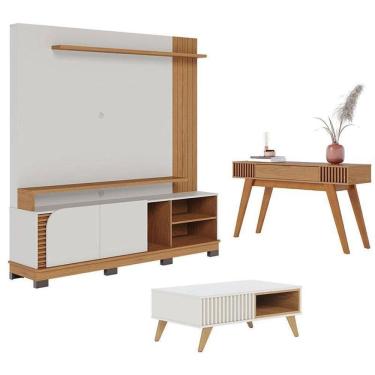 Imagem de Estante Home Theater Jurerê 1.8 Com Mesa De Centro Jeri Off White Matte Freijó E Aparador Riviera Freijó – Colibri