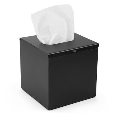 Imagem de JunSun Capa quadrada para caixa de lenços de tecido, porta-guardanapos, caixa decorativa para banheiro, quarto, escritório, mesa de cabeceira, mesa, 12,7 x 12,7 cm, aço inoxidável, preto fosco