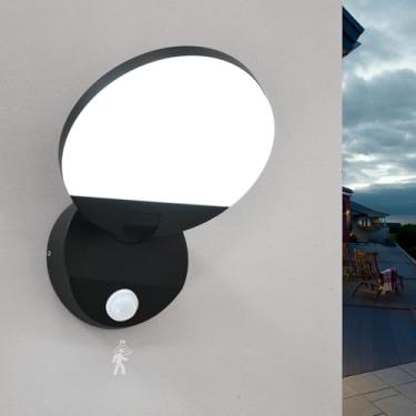 Imagem de PEBIN Luzes externas com sensor de movimento com fio LED 18 W moderno para varanda exterior arandelas de parede para porta pátio garagem fosco preto redondo 6000K branco frio