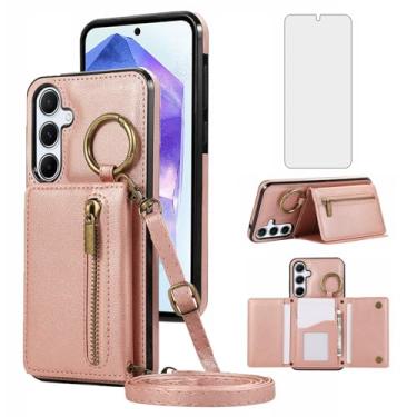 Imagem de Capa carteira compatível com Samsung Galaxy S25 FE 5G com protetor de tela, alça de ombro transversal, anel, fivela, suporte para cartão, capa para celular para S 25 EF S25FE 25S 25FE mulheres meninas