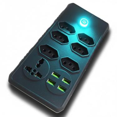Imagem de Filtro de Linha Extensão Elétrica 6 Tomadas + 4 USB 3.4A com Tomada Universal, Cabo 1,9m, Potência 2500W, Protetor de Surtos e Raios, Régua de Energia Preta para Home Office, Gamer e Escritório