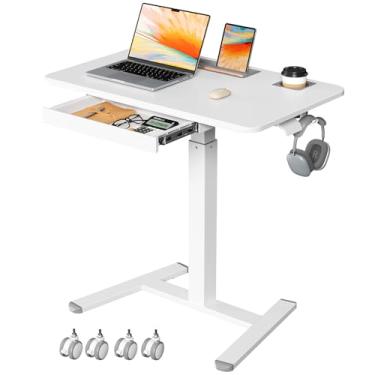 Imagem de JYLH JOYSEEKER Mesa móvel com gaveta, mesa com rodinhas de 81 cm com suporte de copo e ganchos, carrinho de laptop portátil sobre rodas, estação de trabalho ajustável em altura com armazenamento para