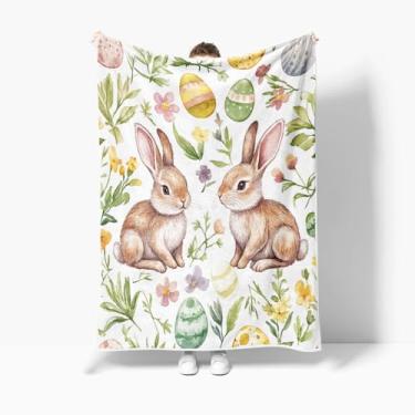 Imagem de Cobertor de flanela de Páscoa, 127 x 152 cm, coelhinhos fofos, decoração em aquarela, cobertores, folhas de plantas de Páscoa, ovos de coelho, primavera, sherpa, decorações para casa, sofá, cama,