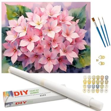 Imagem de Kit de pintura floral por números para adultos - Pintura de hortênsia rosa DIY em tela enrolada 40,6 x 50,8 cm, conjunto de tinta acrílica, adequado para iniciantes, arte botânica para decoração de