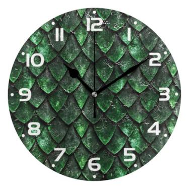 Imagem de JUZIHAI Relógio de parede com escamas de dragão verde, silencioso, redondo, sem tique-taque, operado por bateria, fácil de ler, relógio decorativo de parede para casa, cozinha, sala de estar, quarto