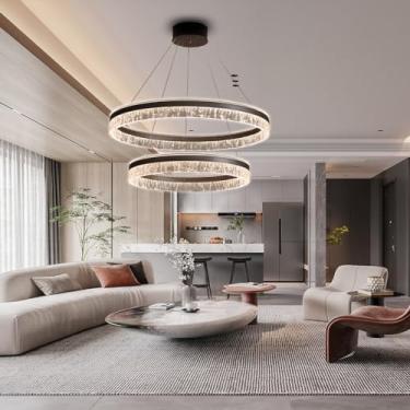 Imagem de Lustre LED para sala de estar, luminária pendente grande e moderna, dimerizável com controle remoto, luminária de teto criativa para mesa de jantar, luminária redonda de alumínio marrom com