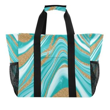 Imagem de ODAWA Bolsa de verão leve e resistente à água, organizador de férias, sacola de praia diária embalável, mármore abstrato, azul aqua, Mármore abstrato azul-piscina, One Size