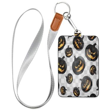 Imagem de Wassud Porta-crachá de couro PU Evil Halloween Pumpkins com cordão, porta-cartão de identificação para trabalho, cordão de pescoço com compartimentos para cartões de crédito, funcionários, estudantes