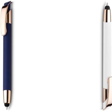 Imagem de Caneta Esferográfica em Metal com Escrita Azul, Detalhe Dourado Rosé, Ponta Touch, Refil Parker, Retrátil, (Azul e Branco)