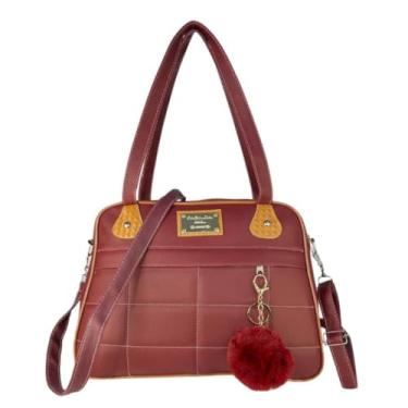 Imagem de Bolsa Feminina Elegante, Couro Sintético Marrom, Alça Transversal, Detalhe Pompom Rosa (Vinho)
