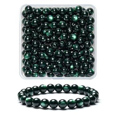 Imagem de 100 peças de contas de olho de gato lisas naturais verde-escuras de 8 mm, contas redondas soltas de pedra preciosa para fabricação de joias com cordão elástico de cristal (cor 16)