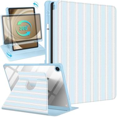 Imagem de Uppuppy Capa para Samsung Galaxy Tab A9+ - Capa inteligente com suporte giratório 360 com suporte para lápis para mulheres e meninas, listras azuis e brancas para tablet Samsung A9 Plus de 11