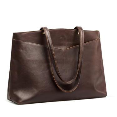 Imagem de S-ZONE Bolsa de couro feminina para trabalho, viagem, bolsa de ombro com zíper, Marrom escuro, Large