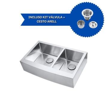 Imagem de Kit Cuba Dupla SA205 + Válvula com Cesto Aço Inox - Arell