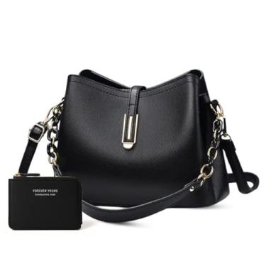 Imagem de Bolsa Feminina Couro Plutônio Bolsa de Ombro Mão Transversal para Uso Diário Luxo Bolsa de Mão Multicamadas Tamanho Médio Moderna (Preto + Carteira)