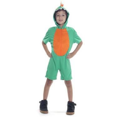 Imagem de Fantasia Dinossauro Verde e Laranja Kigurumi Curto Infantil com Capuz 