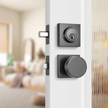 Imagem de Leydebong Conjunto de 1 maçanetas de porta de entrada e fechadura de cilindro único, maçanetas externas com chave semelhante a pedra fosca cinza com fechadura e chaves para entrada e porta da frente