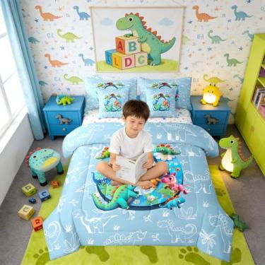 Imagem de Erosebridal Conjunto de cama solteiro com letra O, dinossauro, 7 peças, dinossauro, 3D, com lençol com lençol com lençol com estampa de dinossauro, para crianças e adultos, conjunto de cama para